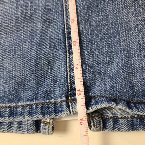 Lei Women's Blue Denim Skirt Distressed Pockets Embroidery Split in Back Y2K 7 - Picture 8 of 13